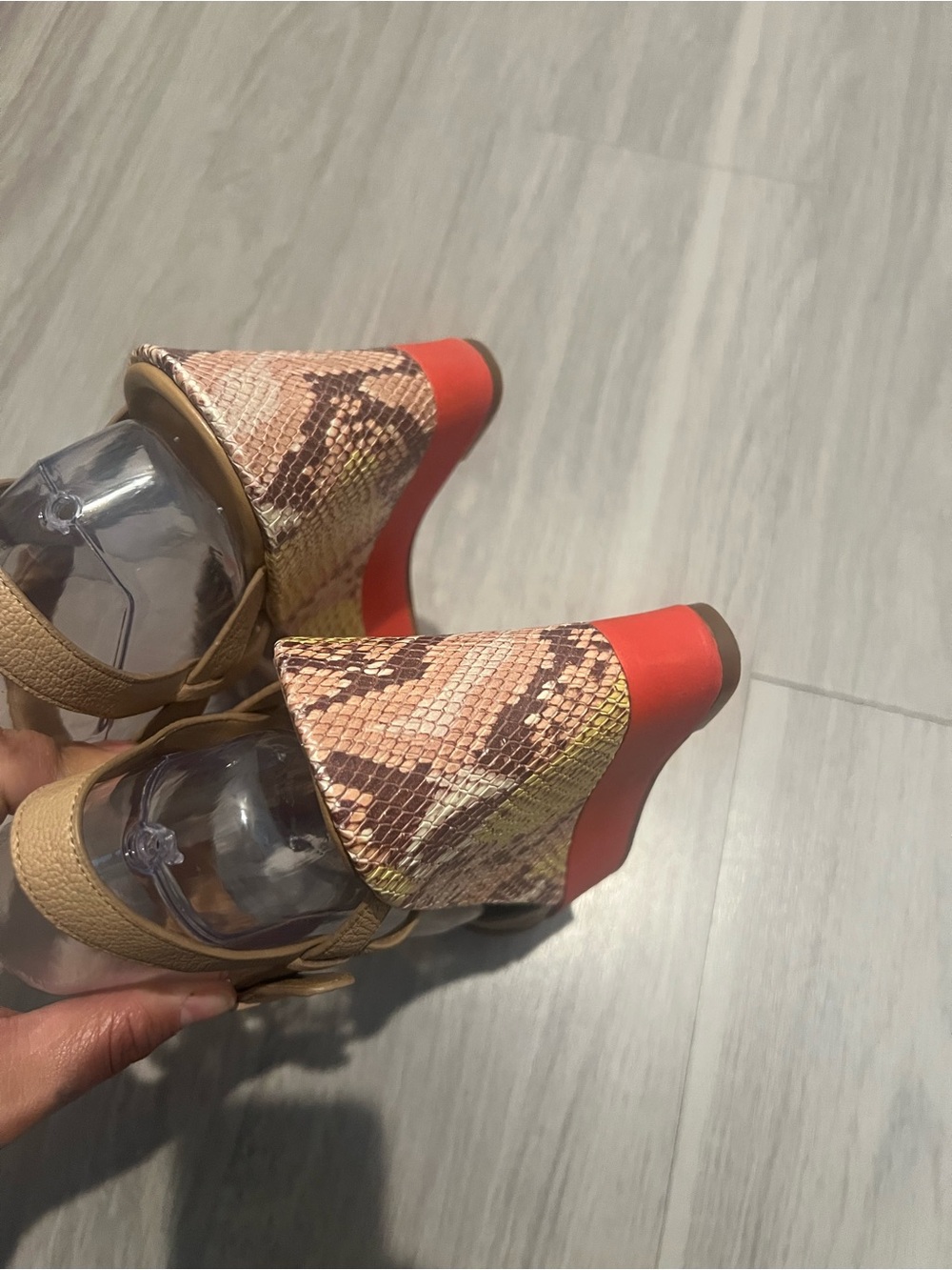 Cole Haan Tan Leather Wedge Sandals Snake-Print Heel Red Platform Size 10B - Picture 7 of 13